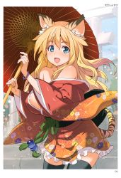 Rule 34 | 1girl, :d, absurdres, animal ears, areola slip, artist name, bare shoulders, black thighhighs, blonde hair, blue eyes, bracelet, breasts, cowboy shot, floral print, frill trim, frills, hair over shoulder, highres, inue shinsuke, japanese clothes, jewelry, kimono, large breasts, long hair, obi, off shoulder, oil-paper umbrella, open mouth, outdoors, page number, sash, short kimono, smile, solo, tail, thighhighs, tiger ears, tiger tail, toranoana, umbrella