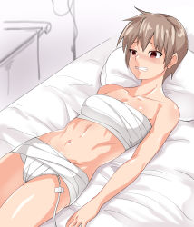Rule 34 | 1boy, bandaged chest, bandages, breasts, brown hair, castration, catheter, clenched teeth, guro, highres, lying, navel, on back, on bed, original, pxkanif, red eyes, surgery, tagme, teeth