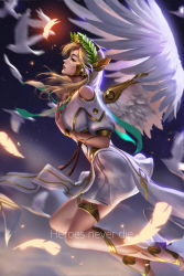 Rule 34 | 1girl, angel wings, backlighting, bird, blonde hair, closed eyes, dove, english text, feathered wings, feathers, flying, from side, halo, highres, liang xing, mechanical halo, mercy (overwatch), night, night sky, official alternate costume, overwatch, overwatch 1, pelvic curtain, sky, solo, tiara, white feathers, winged victory mercy, wings