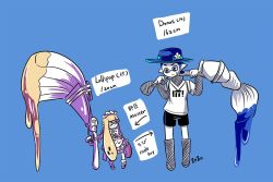 Rule 34 | 1boy, 1girl, age difference, aged down, apron, artist name, black shorts, blue background, blunt bangs, boots, character name, donut (zoza), dress, flower, hat, hat flower, height difference, holding, inkbrush (splatoon), inkling, inkling boy, inkling girl, inkling player character, layered clothes, layered sleeves, lollipop (zoza), long hair, long sleeves, looking at another, maid, maid headdress, mary janes, nintendo, octobrush (splatoon), over shoulder, pointy ears, print shirt, shirt, shoes, short hair, short over long sleeves, short sleeves, shorts, signature, simple background, single vertical stripe, socks, splatoon (series), splatoon 1, standing, sweatdrop, t-shirt, tentacle hair, white hair, zoza