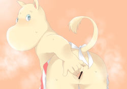 Rule 34 | anus, apron, ass, bent over, blue eyes, blush, censored, from behind, furry, looking back, moomin, moominmamma, naked apron, pussy, simple background, spread pussy, steam, tail, topless