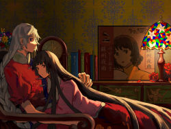 Rule 34 | 2girls, absurdres, belt, black hair, blouse, blue dress, blue eyes, book, bow, bowtie, braid, chair, chest of drawers, clock, closed mouth, collar, drawing (object), dress, flower, hair between eyes, highres, houraisan kaguya, lamp, light, long hair, long sleeves, looking at viewer, lying, lying on person, multicolored clothes, multicolored dress, multiple girls, no headwear, pink shirt, puffy short sleeves, puffy sleeves, red dress, red eyes, red flower, red rose, red skirt, rose, shadow, shirt, short sleeves, silver hair, sitting, skirt, touhou, very long hair, wall, white belt, white bow, white neckwear, wide sleeves, yagokoro eirin, yellow flower