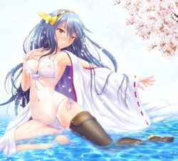 Rule 34 | 10s, 1girl, armpits, bikini, black hair, blush, breasts, cameltoe, cleavage, covered erect nipples, detached sleeves, hairband, hand on own chest, haruna (kancolle), japanese clothes, kantai collection, long hair, looking at viewer, navel, nipples, nontraditional miko, open mouth, red eyes, ribbon-trimmed sleeves, ribbon trim, ryu-akt, see-through, solo, sweat, swimsuit, tan, thighhighs, water, white bikini, wide sleeves