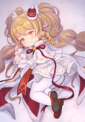 Rule 34 | 1girl, blush, braided sidelock, closed mouth, dress, granblue fantasy, hair ornament, harvin, hat, light brown hair, long hair, long sleeves, looking at viewer, mahira (granblue fantasy), mini hat, pantyhose, pointy ears, red footwear, red ribbon, ribbon, shoes, sidelocks, solo, star (symbol), star hair ornament, tomamatto, twintails, very long hair, white dress, white pantyhose