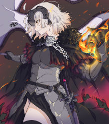 Rule 34 | 1girl, absurdres, anianiani0607, armor, fate/grand order, fate (series), fire, highres, jeanne d&#039;arc alter (avenger) (first ascension) (fate), jeanne d&#039;arc alter (fate), short hair, solo, sword, torn clothes, weapon, white hair, yellow eyes