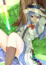Rule 34 | 1girl, blue hair, blue skirt, blush, boots, cross-laced footwear, dappled sunlight, dress, food, frills, fruit, grass, hand on forehead, hinanawi tenshi, long dress, long hair, looking at viewer, lying, mikage000, mikagemaru (mikage000), on back, peach, planted sword, planted, puffy short sleeves, puffy sleeves, rainbow order, red eyes, short sleeves, skirt, solo, sunlight, sword, sword of hisou, thighs, touhou, tree, tree shade, wavy mouth, weapon, white dress