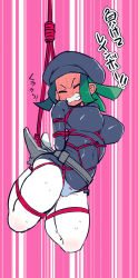 Rule 34 | 1girl, bdsm, belt, black hat, black shirt, blue panties, blush, bondage, bound, bound arms, bound legs, bow, bow panties, breasts, cabbie hat, clenched teeth, closed eyes, commentary request, covered navel, creatures (company), full-face blush, game freak, green hair, grey footwear, hat, highres, large breasts, nintendo, no pants, panties, pantyhose, pokemon, pokemon usum, red bow, sakurai energy, shibari, shibari over clothes, shiny clothes, shirt, shoes, solo, suspension, sweat, team rainbow rocket grunt, team rainbow rocket uniform, teeth, translation request, underwear, v-shaped eyebrows, white pantyhose