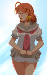 Rule 34 | 1girl, absurdres, artist name, artist request, bare legs, blush, bow, breasts, clover hair ornament, collarbone, detached sleeves, doki2sdale, closed eyes, female focus, grey skirt, hair bow, hair ornament, hairclip, highres, holding, holding clothes, holding skirt, long sleeves, looking at viewer, love live!, love live! sunshine!!, medium breasts, orange hair, parted lips, red eyes, red neckwear, ribbon, sailor collar, school uniform, shirt, short hair, skirt, smile, solo, takami chika, white shirt, yellow bow