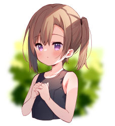 Rule 34 | 1girl, :o, bare arms, bare shoulders, black one-piece swimsuit, blurry, blurry background, blush, brown hair, cropped torso, depth of field, hair between eyes, hands up, highres, looking at viewer, meito (maze), one-piece swimsuit, original, parted lips, ponytail, purple eyes, sidelocks, solo, swimsuit, upper body, white background