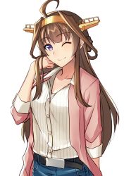 Rule 34 | 10s, 1girl, ahoge, alternate costume, bad id, bad twitter id, belt, belt buckle, brown hair, buckle, casual, collarbone, commentary request, denim, double bun, hair bun, hand on own cheek, hand on own face, headgear, highres, jacket, jeans, kantai collection, kongou (kancolle), long hair, looking at viewer, one eye closed, pallad, pants, pink jacket, purple eyes, shirt, simple background, solo, white background, white shirt