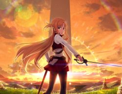 Rule 34 | 1girl, asuna (sao), black pantyhose, braid, brown eyes, brown hair, cloud, floating hair, french braid, from behind, game cg, holding, holding sheath, holding sword, holding weapon, long hair, looking at viewer, looking back, miniskirt, open mouth, orange sky, outdoors, pantyhose, pleated skirt, red skirt, sheath, shirt, skirt, sky, solo, sunset, sword, sword art online, unsheathed, very long hair, weapon, white shirt
