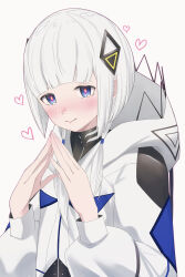 Rule 34 | 1girl, absurdres, black shirt, blue eyes, blunt bangs, blush, cevio, closed mouth, commentary request, daradara art, diamond hair ornament, hair over shoulder, hands up, heart, high collar, highres, hood, hooded jacket, jacket, kafu (cevio), kamitsubaki studio, long hair, long sleeves, looking at viewer, low twintails, multicolored eyes, nose blush, own hands together, pink eyes, puffy long sleeves, puffy sleeves, shirt, simple background, smile, solo, steepled fingers, twintails, upper body, white background, white hair, white jacket, yellow pupils