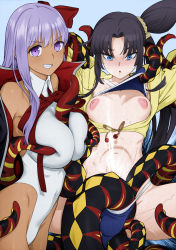 Rule 34 | 2girls, absurdres, bb (fate), bb (fate) (all), bb (swimsuit mooncancer) (fate), bikini, bikini top lift, blush, breasts, breasts squeezed together, clothes lift, colorized, fate/grand order, fate (series), female ejaculation, grin, highleg, highleg leotard, highres, inoue kiyoshirou, inverted nipples, large breasts, leotard, looking at viewer, multiple girls, navel, nipples, parted lips, simple background, small breasts, smile, spread legs, suspended congress, tears, tentacle sex, tentacles, tentacles under clothes, third-party edit, ushiwakamaru (fate), ushiwakamaru (fate/grand order), ushiwakamaru (swimsuit assassin) (fate), vaginal, wide-eyed, yuri