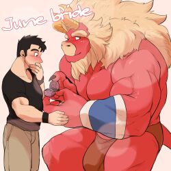 Rule 34 | 2boys, bara, beard, biceps, black hair, blank eyes, blurry, blush, bokeh, bulge, colored skin, covering own mouth, curled horns, depth of field, dragon horns, facial hair, feet out of frame, forked eyebrows, from side, furry, furry male, furry with non-furry, gardie (otsukimi), highres, horns, huge eyebrows, interspecies, jewelry, kouhei (otsukimi), large bulge, large hands, large pectorals, lion hair, loincloth, looking at another, male focus, marriage proposal, multiple boys, muscular, muscular male, original, otsukimi, pectorals, red skin, ring, shirt, short hair, sideburns, sideburns stubble, size difference, standing, stubble, surprised, t-shirt, thick eyebrows, topless male, yaoi