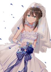 Rule 34 | 10s, 1girl, artist name, bad id, bad pixiv id, bare shoulders, blue flower, blue rose, blunt bangs, blurry, blush, bouquet, breasts, bridal veil, bride, brown hair, choker, cleavage, closed mouth, collarbone, cowboy shot, crying, crying with eyes open, dress, dutch angle, earrings, elbow gloves, flower, glint, gloves, goyain, green eyes, happy tears, highres, holding, holding bouquet, idolmaster, idolmaster cinderella girls, jewelry, lace, lace-trimmed dress, lace trim, looking at viewer, medium breasts, motion blur, necklace, petals, pink flower, pink rose, rose, shibuya rin, sidelocks, simple background, smile, solo, sparkle, standing, strapless, strapless dress, tears, tiara, veil, wedding dress, white background, white choker, white dress, white flower, white gloves, white rose