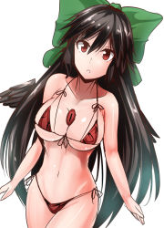 Rule 34 | 1girl, :o, arms at sides, bikini, bird wings, black hair, black wings, bow, breasts, cleavage, collarbone, commentary request, cowboy shot, green bow, hair bow, highleg, highleg bikini, highres, large breasts, long hair, looking at viewer, micro bikini, navel, red bikini, red eyes, reiuji utsuho, side-tie bikini bottom, solo, stomach, swimsuit, third eye, touhou, underboob, white background, wings, y2
