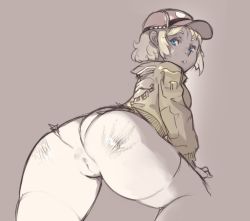 Rule 34 | 10s, 1girl, ass, blonde hair, bottomless, cidney aurum, cleft of venus, final fantasy, final fantasy xv, from behind, hat, jacket, looking at viewer, looking back, monochrome, norasuko, pussy, sketch, solo, thick thighs, thighhighs, thighs, uncensored