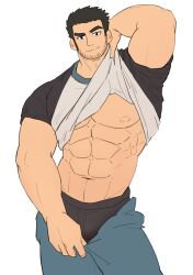 Rule 34 | 1boy, abs, backman (2001pinggai), bara, bare pectorals, beard stubble, black hair, black male underwear, bulge peek, denim, facial hair, feet out of frame, flat color, highres, huge eyebrows, jeans, large pectorals, lifting own clothes, looking at viewer, lucas lee, male focus, male underwear, muscular, muscular male, navel, pants, pectorals, presenting, presenting pectorals, pulling own clothes, scott pilgrim (series), scott pilgrim takes off, seductive smile, shirt, short hair, short sleeves, smile, solo, standing, stubble, t-shirt, underpec, underwear