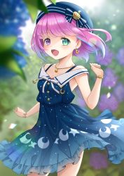 Rule 34 | 1girl, :d, absurdres, beret, blue dress, blue hat, blurry, bracelet, crescent, crescent earrings, crescent print, depth of field, dress, earrings, flower, frilled dress, frills, gradient hair, green eyes, hat, heterochromia, highres, himemori luna, himemori luna (sundress), hololive, hydrangea, jewelry, looking at viewer, multicolored hair, off-shoulder dress, off shoulder, official alternate costume, open mouth, pink hair, purple eyes, purple hair, short hair, simple background, smile, solo, virtual youtuber, yamasan ossan