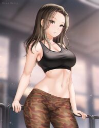 Rule 34 | 1girl, bare arms, bare shoulders, blurry, blurry background, breasts, brown eyes, brown hair, camouflage, camouflage pants, cleavage, commentary, cowboy shot, crop top, forehead, gigamessy, highres, large breasts, leggings, long hair, looking at viewer, midriff, navel, original, pants, parted lips, solo, standing, stomach, thighs