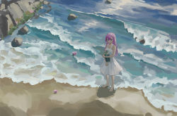 Rule 34 | 1girl, absurdres, barefoot, beach, commentary request, dress, highres, holding, holding vase, long hair, original, pink hair, scenery, sleeveless, sleeveless dress, solo, standing, trancemana, vase, water, waves, white dress, wide shot