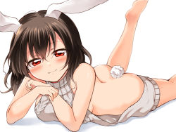 Rule 34 | 1girl, animal ears, backless dress, backless outfit, bare back, bare shoulders, blush, breasts, brown hair, dress, highres, inaba tewi, legs up, looking at viewer, lying, medium breasts, meme attire, naked sweater, nanana (chicken union), on stomach, rabbit ears, rabbit tail, red eyes, ribbed sweater, sideboob, smile, solo, sweater, tail, touhou, turtleneck, turtleneck sweater, virgin killer sweater