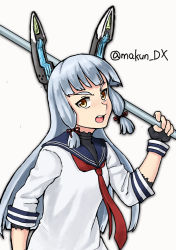 Rule 34 | 1girl, black gloves, blunt bangs, dress, fingerless gloves, gloves, hair ribbon, headgear, holding, holding polearm, holding weapon, kantai collection, long hair, looking at viewer, maakun (makun dx), murakumo (kancolle), necktie, one-hour drawing challenge, orange eyes, polearm, red necktie, ribbon, sailor dress, short eyebrows, sidelocks, silver hair, simple background, solo, tress ribbon, twitter username, weapon, white background