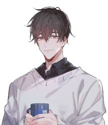 Rule 34 | 1boy, black shirt, brown hair, buried stars, chinese commentary, clip studio paint (medium), closed mouth, collared shirt, commentary, cup, grey eyes, hair between eyes, han do-yoon, highres, holding, holding cup, long sleeves, looking at viewer, male focus, shirt, short hair, simple background, smile, solo, sweater, teabag, white background, white sweater, yusa (yusa0751)