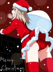 Rule 34 | 10s, 1girl, ass, bag, blue eyes, breath, crotch seam, dress, english text, from behind, girls und panzer, hat, highres, itsumi erika, long hair, long sleeves, looking at viewer, looking back, marimotencho, merry christmas, open mouth, over shoulder, oversized object, panties, red dress, red hat, red panties, red thighhighs, santa costume, santa hat, short dress, silver hair, snow, solo, standing, thighhighs, underwear, wall