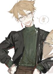 Rule 34 | 1boy, black jacket, brown pants, earrings, fang, fushimi gaku, glasses, green sweater, hair tuft, hands on own hips, highres, incycle, jacket, jewelry, light brown hair, male focus, nijisanji, open clothes, open jacket, open mouth, pants, ribbed sweater, round eyewear, simple background, single earring, sketch, smile, solo, spoken v, sweater, turtleneck, turtleneck sweater, upper body, virtual youtuber, white background, yellow eyes