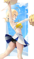 Rule 34 | 1girl, :d, absurdres, ahoge, armpits, arms up, ass, bare legs, black-framed eyewear, black buruma, blonde hair, blue archive, blue sky, breasts, buruma, cheerleader, day, feet out of frame, glasses, halo, highres, kimi (hearty yuuki), kotori (blue archive), kotori (cheer squad) (blue archive), large breasts, low twintails, millennium cheerleader outfit (blue archive), miniskirt, open mouth, outdoors, outside border, pom pom (cheerleading), red eyes, semi-rimless eyewear, short hair, short twintails, skirt, sky, smile, solo, sports bra, standing, twintails, under-rim eyewear, upskirt, v-shaped eyebrows, white skirt