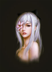 Rule 34 | 1girl, bita (vaderc), black bow, bow, cropped torso, dark background, drag-on dragoon, drag-on dragoon 3, flower, flower over eye, flower request, grey background, grey hair, hair bow, highres, lips, long hair, looking at viewer, nose, nude, parted lips, pink eyes, pink flower, realistic, solo, teeth, upper body, zero (drag-on dragoon)
