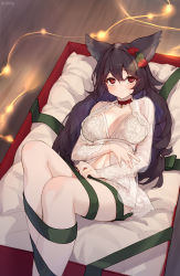 Rule 34 | 1girl, absurdres, animal ears, artist name, bare legs, black hair, blush, bow, breasts, breasts apart, choker, closed mouth, erune, feet out of frame, granblue fantasy, green ribbon, hair between eyes, hair bow, hair ornament, highres, large breasts, lingerie, long hair, long sleeves, looking at viewer, lying, navel, nier (granblue fantasy), on back, red bow, red choker, red eyes, ribbon, see-through, see-through sleeves, shadow, solo, tai (e3d1p), tears, underwear
