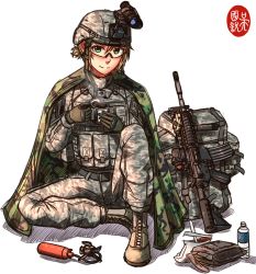 Rule 34 | 1girl, american flag, army, assault rifle, backpack, bag, belt, boots, bottle, brown hair, camouflage, canteen, canteen cup, coffee, colorized, combat boots, cup, field ration, first aid kit, full body, gas mask, green eyes, gun, helmet, highres, holding, holding cup, looking at viewer, m4 carbine, mask, military, military uniform, molle vest, ndtwofives, night-vision device, bulletproof vest, poncho liner, pouch, respirator, rifle, scope, sitting, smile, uniform, united states army, unworn backpack, unworn bag, urban camouflage, water bottle, weapon, woobie