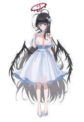 Rule 34 | 1girl, absurdres, antenna hair, artist name, ash (cat7evy), bags under eyes, bare legs, black hair, black wings, blue archive, blush, breasts, choker, cleavage, collarbone, dress, full body, gloves, halo, highres, large breasts, long hair, looking at viewer, melting halo, off-shoulder dress, off shoulder, plunging neckline, red eyes, red halo, simple background, solo, sweatdrop, tsurugi (blue archive), very long hair, white background, white choker, white dress, white gloves, wings