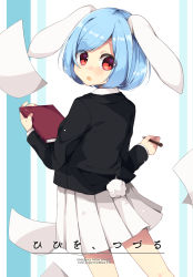 Rule 34 | 1girl, :o, animal ears, black jacket, blazer, blue hair, collared shirt, commentary request, cowboy shot, floppy ears, highres, holding, holding notebook, holding pen, jacket, kurasaki cosmos, long sleeves, looking at viewer, looking back, moon rabbit, notebook, open mouth, paper, pen, pink skirt, pleated skirt, rabbit ears, rabbit girl, rabbit tail, red eyes, reisen (touhou bougetsushou), shirt, short hair, skirt, solo, tail, touhou, translation request, white shirt