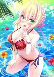 Rule 34 | 10s, 1girl, ahoge, bikini, blonde hair, breasts, cleavage, cowboy shot, dress, fate/extra, fate/extra ccc, fate (series), flower, food, front-tie top, green eyes, izumi akane, licking, looking at viewer, medium breasts, nero claudius (fate), nero claudius (fate) (all), nero claudius (fate/extra), official alternate costume, popsicle, red bikini, red dress, side-tie bikini bottom, solo, swimsuit, wading, water