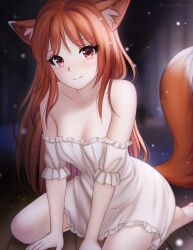Rule 34 | 1girl, animal ears, arm support, bare shoulders, barefoot, breasts, brown hair, cleavage, dress, gigamessy, highres, holo, long hair, looking at viewer, off-shoulder dress, off shoulder, red eyes, seiza, short dress, short sleeves, sitting, small breasts, smile, solo, spice and wolf, tail, very long hair, white dress, wolf ears, wolf tail