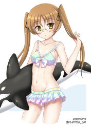 Rule 34 | 10s, 1girl, bad id, bad pixiv id, bikini, bikini skirt, black ribbon, breasts, brown eyes, brown hair, commentary request, cowboy shot, dated, flipper, frilled bikini, frills, girls und panzer, glasses, hair ribbon, holding, holding hair, inflatable toy, long hair, looking at viewer, multicolored bikini, multicolored clothes, navel, oono aya, parted lips, ribbon, round eyewear, small breasts, solo, standing, swimsuit, twintails, twitter username