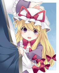 Rule 34 | 2girls, blonde hair, child, choker, clothes grab, commentary request, detached sleeves, hair ribbon, hammer (sunset beach), hat, height difference, long hair, mob cap, multiple girls, open mouth, headpat, purple eyes, ribbon, ribbon choker, smile, touhou, very long hair, yakumo ran, yakumo yukari, yakumo yukari (young), aged down