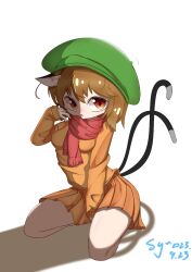 Rule 34 | 1girl, adapted costume, animal ears, arm up, bare legs, beret, between legs, bloom, breasts, brown eyes, brown hair, brown shirt, brown skirt, casual, cat ears, cat tail, chen, chinese commentary, commentary request, d:, dated, full body, green hat, hand between legs, hat, long sleeves, looking at viewer, medium breasts, multiple tails, nekomata, no nose, open mouth, parted lips, pleated skirt, red scarf, scarf, seiza, shadow, shirt, short hair, signature, simple background, sitting, skirt, skirt set, solo, tail, touhou, two tails, upturned eyes, user avpn4885, white background