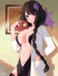 Rule 34 | 1girl, black hair, blush, book, braid, breasts, center opening, cleavage, closed mouth, cowboy shot, elsa granhilte, flower, hair flower, hair ornament, hair over shoulder, hand in pocket, highres, holding, holding book, indoors, lab coat, large breasts, long hair, long sleeves, looking at viewer, mole, mole under eye, nail polish, navel, open clothes, pink nails, purple eyes, purple flower, re:zero kara hajimeru isekai seikatsu, resolution mismatch, revealing clothes, single braid, smile, solo, source larger, very long hair, waterring