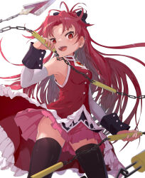 Rule 34 | 1girl, absurdres, bow, detached sleeves, dress, fang, from side, hair bow, head tilt, high ponytail, highres, holding, holding polearm, holding weapon, injury, long sleeves, looking at viewer, mahou shoujo madoka magica, mahou shoujo madoka magica (anime), mandarin collar, open mouth, polearm, puella anko, red bow, red dress, red eyes, red hair, sakura kyoko, sleeve cuffs, sleeveless, sleeveless dress, smile, solo, weapon, white sleeves