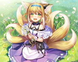 Rule 34 | 1girl, :d, animal ear fluff, animal ears, arknights, bare shoulders, blonde hair, blue hairband, braid, braided hair rings, commentary, day, flower, frilled skirt, frills, grass, hair rings, hairband, highres, holding, holding flower, infection monitor (arknights), ion (on01e), looking at viewer, material growth, multicolored hair, multiple tails, on grass, open mouth, oripathy lesion (arknights), outdoors, pleated skirt, purple skirt, revision, shirt, sidelocks, skirt, smile, solo, sparkle, sunlight, suzuran (arknights), tail, twin braids, two-tone hair, white flower, white hair, white shirt