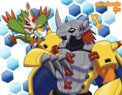 Rule 34 | armor, claws, digimon, digimon (creature), horns, looking at another, pteromon, wargreymon, wings