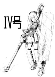 Rule 34 | 1girl, armor, belt, cannon, caterpillar tracks, closed mouth, commentary, full body, gas tank, girls und panzer, greaves, greyscale, gun, head tilt, headphones, highres, holding, holding weapon, jacket, jinguu (4839ms), long sleeves, looking at viewer, mecha musume, military, military uniform, military vehicle, miniskirt, monochrome, motor vehicle, nishizumi miho, ooarai military uniform, panzer iv, panzer iv, pleated skirt, shield, short hair, shovel, sketch, skirt, smile, smoke, solo, standing, sweatdrop, tank, thighhighs, translated, uniform, v-shaped eyebrows, weapon