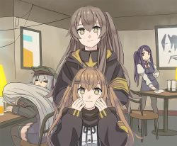404 (girls frontline), 5girls, :3, alcohol, armband, bangs, beer, beer mug, black jacket, black legwear, black scarf, brown eyes, brown hair, chair, commentary, crossover, cup, drinking glass, english commentary, eyes closed, g11 (girls frontline), girls frontline, hair ornament, hairclip, hands on own face, hat, hk416 (girls frontline), indoors, jacket, jill stingray, juliet sleeves, long hair, long sleeves, looking at viewer, mug, multiple girls, necktie, one side up, open clothes, open jacket, pantyhose, pencil skirt, picture (object), picture frame, pleated skirt, ponytail, puffy sleeves, purple hair, purple skirt, purple vest, red eyes, red neckwear, rug, scar, scar across eye, scarf, shirt, sidelocks, silver hair, skirt, tab (tabkun), table, tray, ump45 (girls frontline), ump9 (girls frontline), va-11 hall-a, vest, white hair, white shirt