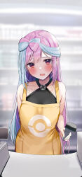 Rule 34 | 1girl, apron, arm behind back, blue hair, blurry, blurry background, blush, collarbone, commentary request, creatures (company), game freak, highres, holding, iono (pokemon), long hair, looking at viewer, multicolored hair, nintendo, open mouth, pink hair, pokemon, pokemon sv, rouka (akatyann), sleeveless, solo, sweat, sweatdrop, two-tone hair, yellow apron