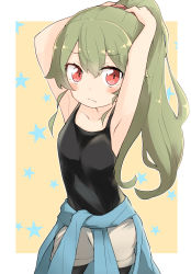 Rule 34 | 1girl, adjusting hair, alternate hairstyle, anchovy (girls und panzer), armpits, arms up, barashiya, black pantyhose, black shirt, blue shirt, blush, casual, closed mouth, clothes around waist, commentary, cowboy shot, frown, girls und panzer, green hair, grey shorts, hair ornament, hair scrunchie, highres, pantyhose under shorts, long hair, long sleeves, looking at viewer, outline, outside border, pantyhose, pink scrunchie, ponytail, red eyes, scrunchie, shirt, short shorts, shorts, solo, standing, star (symbol), starry background, tank top, white outline, yellow background
