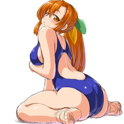 Rule 34 | 1girl, 95-tan, ass, back, bare shoulders, barefoot, breasts, brown eyes, brown hair, competition swimsuit, dd (ijigendd), large breasts, long hair, looking at viewer, looking back, one-piece swimsuit, os-tan, sideboob, simple background, sitting, solo, swimsuit, wariza, white background